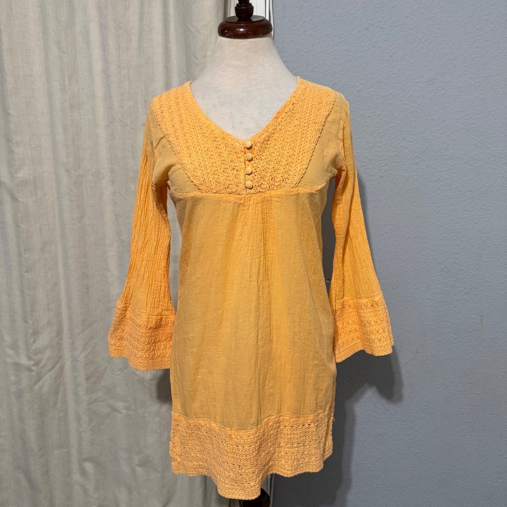 SR Fashion Womens Yellow Cotton Gauze Boho Tunic Crochet Lace Bell Sleeve‎ Small
